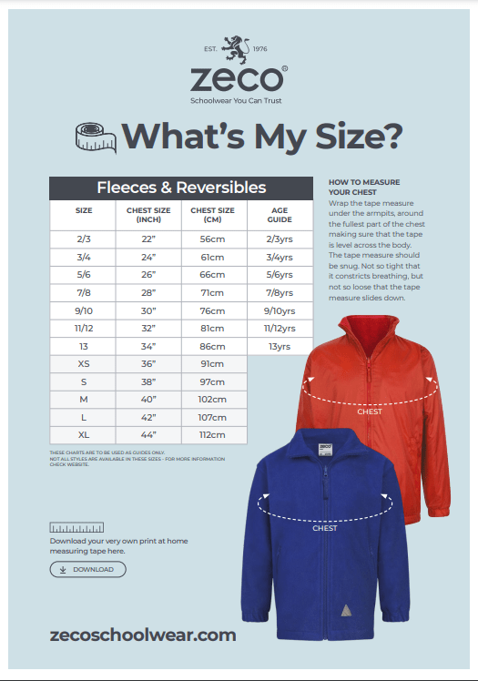 Polo Shirt and Sweatshirt Size Chart - Uniformwise Schoolwear