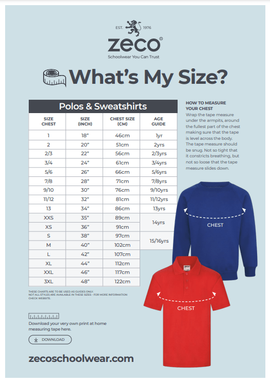 Polo Shirt and Sweatshirt Size Chart - Uniformwise Schoolwear