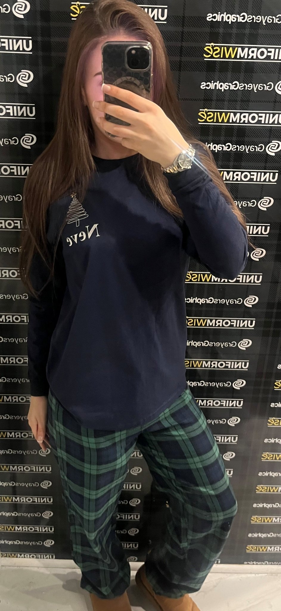 Christmas Personalised Womans Plaid Green and Navy Pj Set - Uniformwise Schoolwear