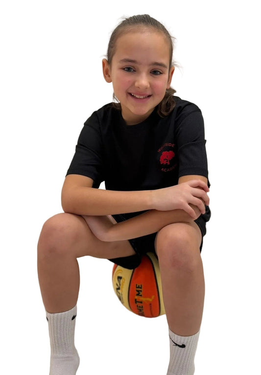 New Woodside Academy Black PE T SHIRT with red logo - Uniformwise Schoolwear