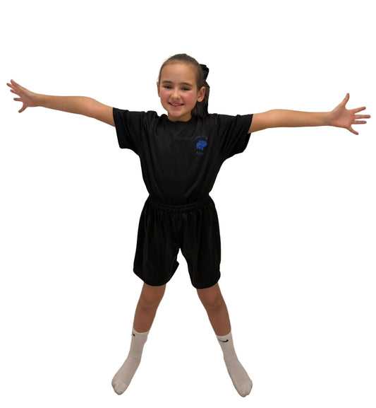New Woodside Academy Black Pe Top with Blue Logo - Uniformwise Schoolwear