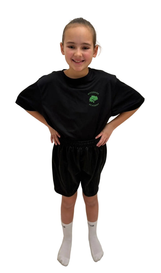 New Woodside Academy Black Pe Top with Green Logo - Uniformwise Schoolwear