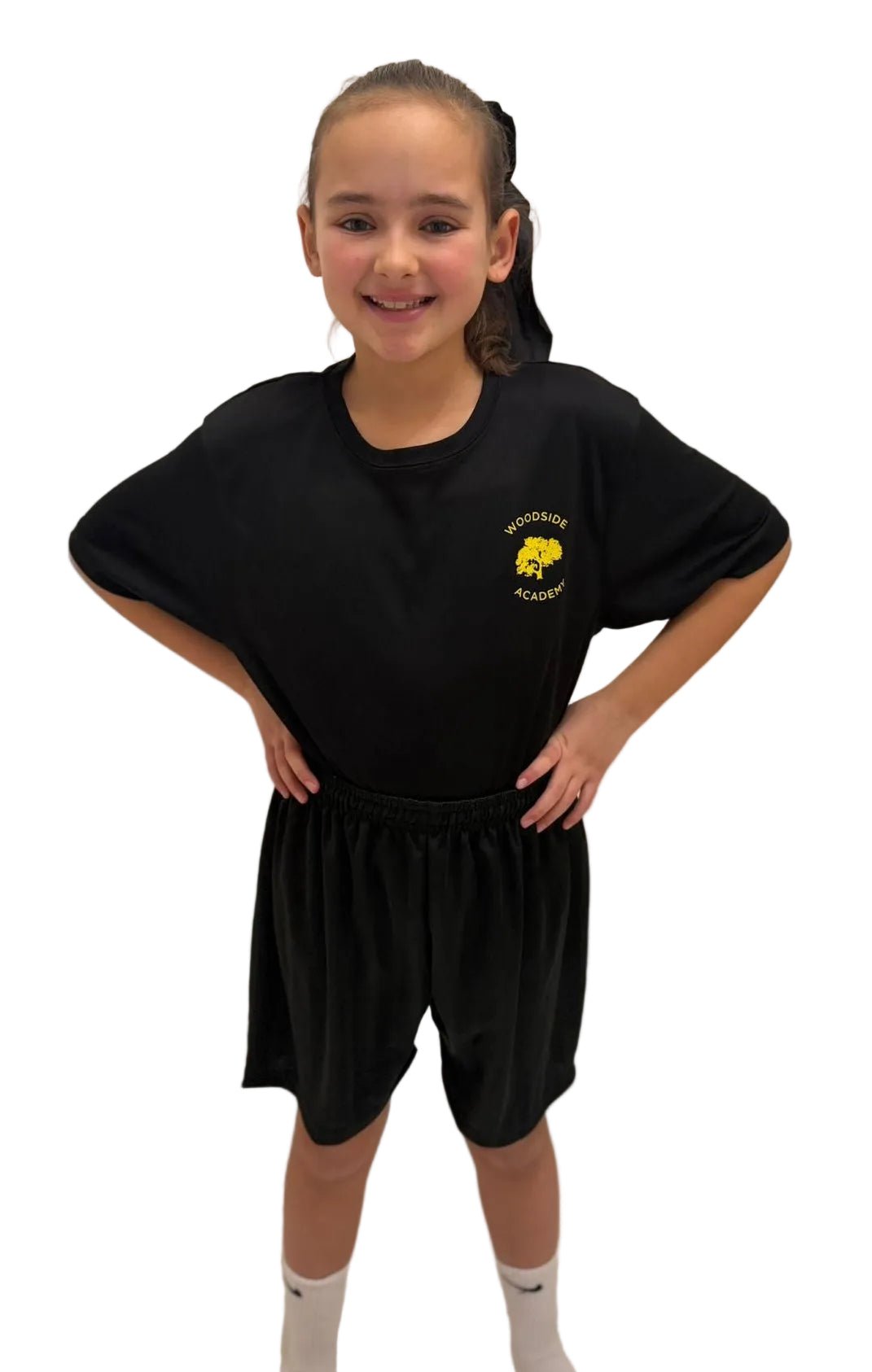 New Woodside Academy Black PE Top with yellow logo - Uniformwise Schoolwear
